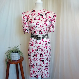 Vintage 80's Floral Silk Dress with puffy sleeves and bows image 1