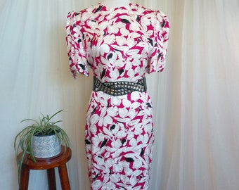 Vintage 80's Floral Silk Dress with puffy sleeves and bows