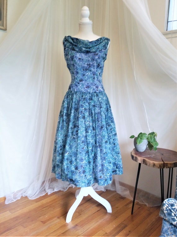 Vintage 1950's blue floral chiffon Monet tea party