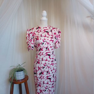 Vintage 80's Floral Silk Dress with puffy sleeves and bows image 4