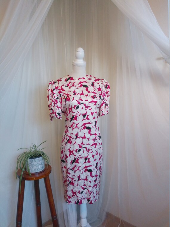 Vintage 80's Floral Silk Dress with puffy sleeves… - image 4