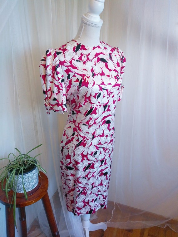 Vintage 80's Floral Silk Dress with puffy sleeves… - image 3