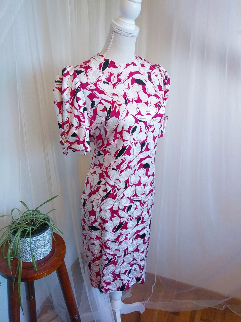 Vintage 80's Floral Silk Dress with puffy sleeves and bows image 3