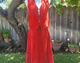 Vintage 1960's Patchwork Brick Red Vest and Skirt Set