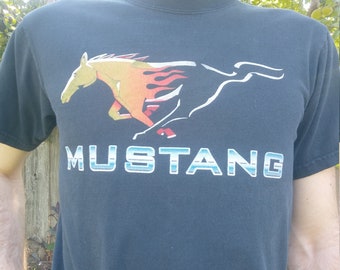 Vintage 90's Mustang Sports Car T-shirt / Black with running horse and flames logo / Size Small