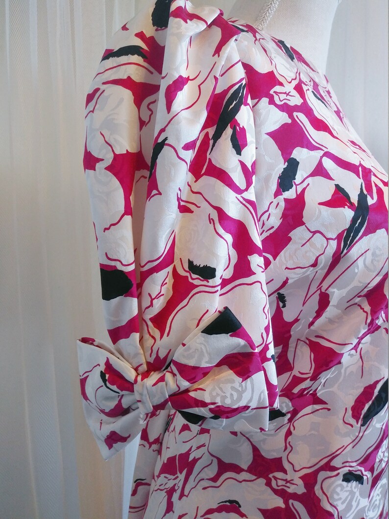 Vintage 80's Floral Silk Dress with puffy sleeves and bows image 2