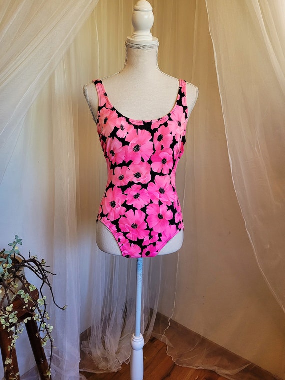 Hot Pink Poppies Vintage 1990's Swimsuit / Size M - image 1