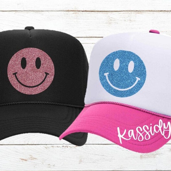 Customized Glitter Smiley Face Trucker Hat, Adult/Youth/Kid/Baby sizes