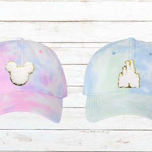 Mickey and Minnie Mouse Chenille Patch Womens Tie Dye Baseball Hat, Adult Pastel Chenille Castle Baseball Hat