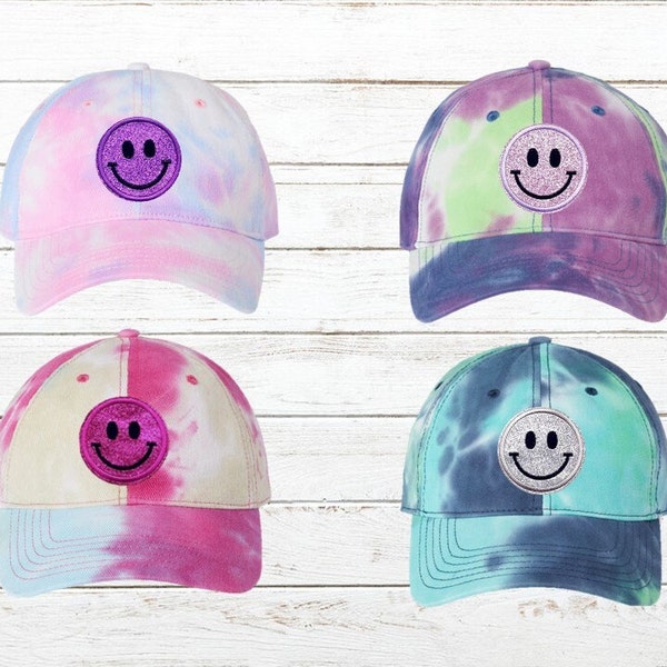Smiley Face Glitter Patch Womens Tie Dye Baseball Hat, Happy Face Hat