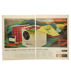 May include: A vintage advertisement for Melamine dinnerware. The ad features a colorful box of plates and bowls wrapped in a striped ribbon. The text reads "Dinnerware of Melamine" and "She'll thank you every time she drops a dish... for beautiful and enduring dinnerware made of Melamine."