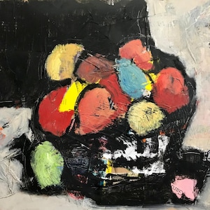 Abstract oil painting and mixed media collage of a fruit bowl