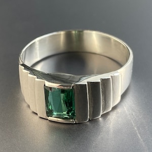Natural ocean green blue Tourmaline 925 sterling silver mens ring handmade solitaire statement minimalist emerald cut gemstone ring