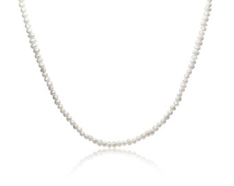 May include: A white pearl necklace with a simple design. The necklace is made of small, round pearls that are strung together on a thin chain.