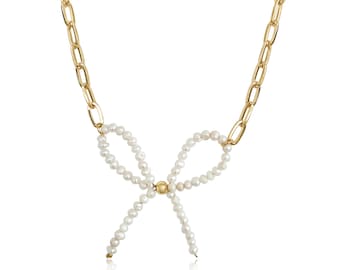 Gold Bow Pearl Necklace, 18K Paper Clip Pearl Necklace, Bow Necklace, Aesthetic Bow Necklace