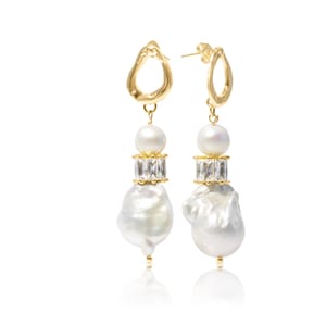 Drop Earrings, Gold Plated, Baroque Pearl, Statement Earrings