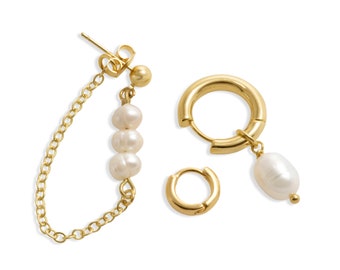 3pcs Earring Set, 18K Gold Filled Earrings, Fresh Water Rice Pearl, Pearl Huggies Set, Gold Huggies Set, Piercing Set, Bridesmaids Gift