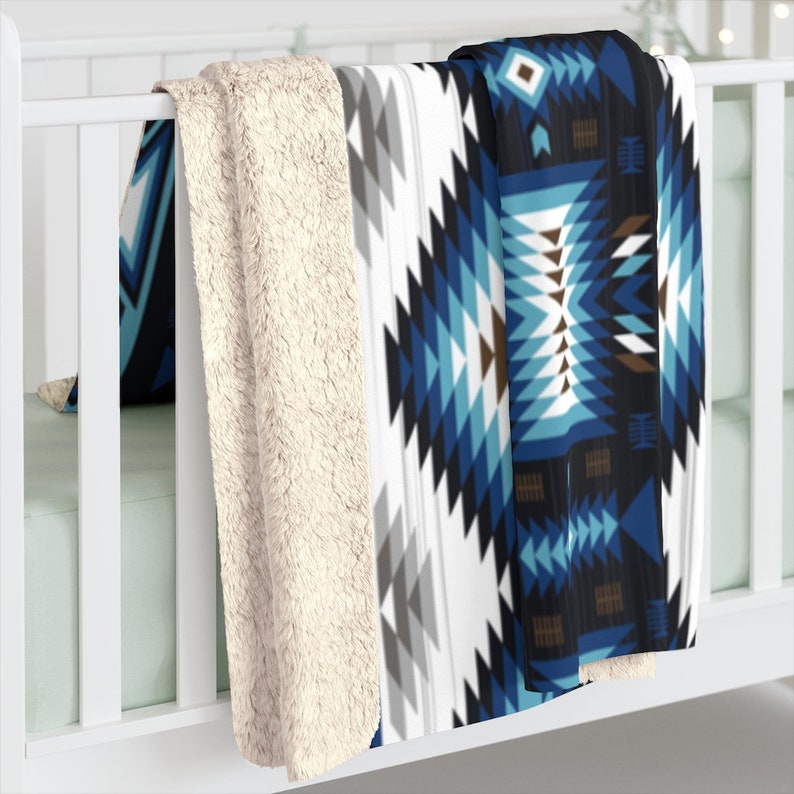 Native American Blue Brown Sherpa Fleece Blanket Etsy UK