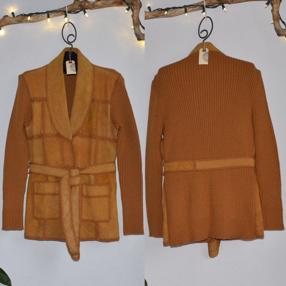 70’s Light Brown Patchwork Suede Leather Shawl Col