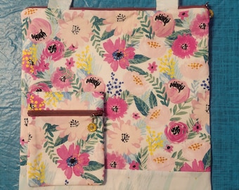 Pink Floral with teal accents Project Bag for Cross Stitch or other crafts