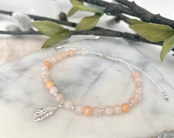 Pink Aventurine Gemstone Intention bracelet - Sterling Silver - Leaf Charm