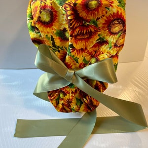 Euro Style Scrub Hat Sunflowers and Green Ribbon Medium Length Hair