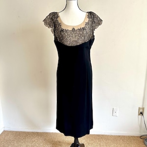 Vintage 1940s Rayon Black Dress with Lace