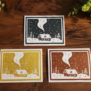 Biglietto di auguri Cozy Cottage / Stampa a blocchi / Stampa Winter Cottage / Biglietto di auguri fisso e busta