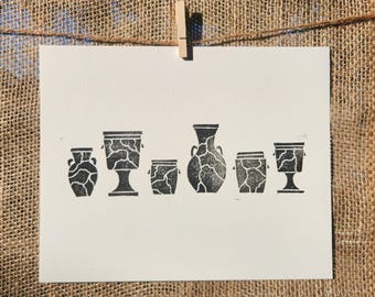Waterpots of Stone Linocut Print: Hand-Printed Nature Wall Art