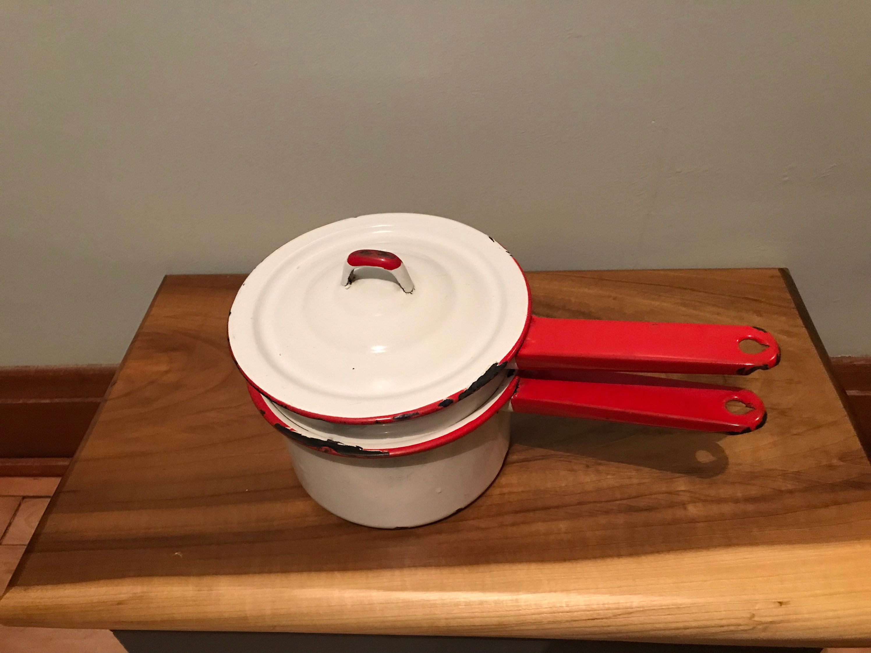 Red Trimmed Enamelware Double Boiler Pans Etsy
