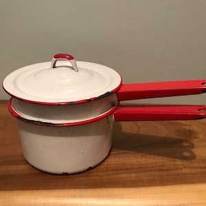 Vintage Enamelware Cookware Pots Double Boiler Set Red and White 9