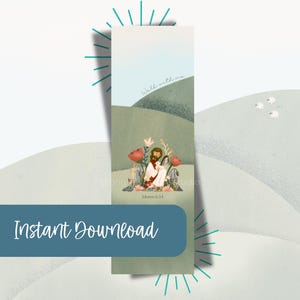Könnte beinhalten: Vertikaler Lesezeichen mit einer ruhigen Illustration. Es zeigt eine biblische Szene mit Figuren inmitten von Blumen und sanften Hügeln. Der Text "Walk with me" und "Moses 6:34" sind sichtbar. Ein türkisfarbenes Banner unten zeigt "Instant Download".
