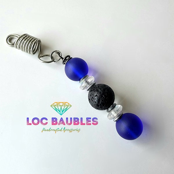 Blue Sea Glass and Black Lava Stone Loc Braid Twist Jewelry Accessory