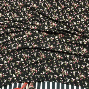 Floral Cotton Jersey Fabric, Black, Soft Drape, Stretchy Knit Fabric, T-Shirt Fabric, By The Full Yard