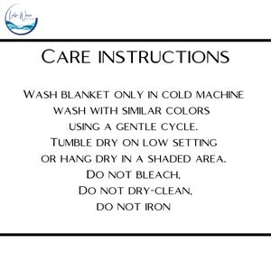 May include: White background with black text that reads "CARE INSTRUCTIONS". The instructions include washing the blanket in cold water with similar colors, tumble drying on low, and avoiding bleach, dry cleaning, and ironing.