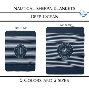 May include: Navy blue nautical sherpa blankets with white horizontal stripes. The blankets feature a compass rose design with the text "Boat Name" and "Boat Location." Available in two sizes: 50" x 60" and 60" x 80".