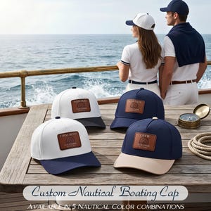 May include: Four baseball caps with leather patches on the front. The patches feature the text ADMIRAL, CAPTAIN, FIRST MATE, and CREW, along with a nautical emblem and space for a name. The caps come in white and navy blue color combinations.