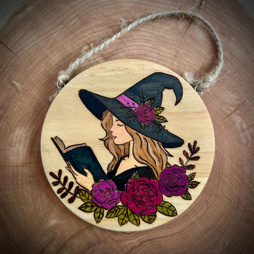Witch Book Hand Burned Watercolor Wood Slice - Etsy
