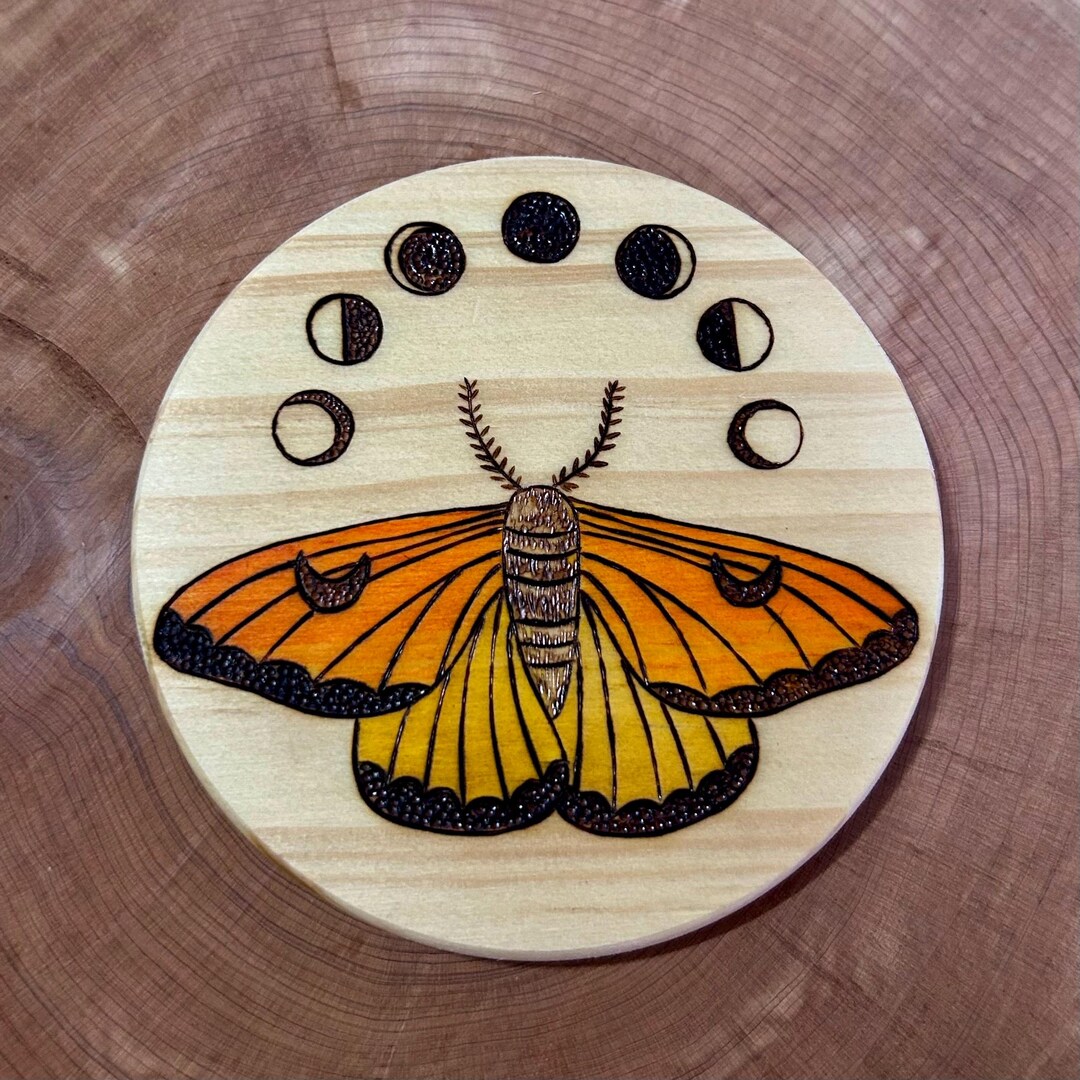 Moth Hand Burned Watercolor Wood Slice Magnet - Etsy