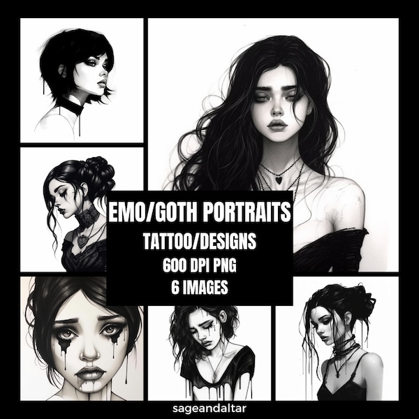 6 Emo Goth Portrait Tattoo Designs Gothic Women Zip Files Digital Art Download Bundle Black and White 600 DPI PNG Images Black Linework