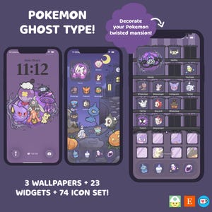 Puede incluir: Un conjunto de productos digitales con un tema de Pokemon Ghost Type. La imagen muestra tres pantallas de teléfono que muestran fondos de pantalla, widgets e iconos. El texto dice "3 FONDOS DE PANTALLA + 23 WIDGETS + 74 CONJUNTO DE ICONOS!" y "POKEMON GHOST TYPE!"
