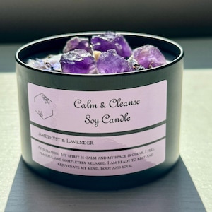 Amethyst Crystal Candle: Lavender & Sage Scented Soy Wax Candle
