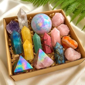 Pode incluir: Uma coleção de cristais e pedras preciosas coloridas numa caixa castanha. A variedade inclui um cristal de quartzo transparente, uma esfera colorida com as cores do arco-íris e várias pedras pontiagudas e em forma de coração.