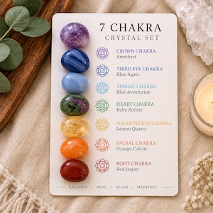 May include: A 7 Chakra crystal set on a white display card featuring seven polished stones: purple amethyst, blue agate, light blue aventurine, green ruby zoisite, yellow lemon quartz, orange calcite, and red jasper, with corresponding chakra labels.