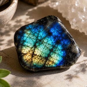 May include: A polished labradorite stone featuring a dark base with vibrant iridescent flashes of blue, teal, and gold. The surface displays a distinct network of fine, dark internal fractures that create a web-like pattern across the gemstone.