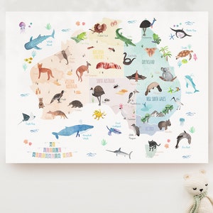 AUSTRALIEN KARTE - Australischer Tierdruck, Kinderzimmer Karte Wandkunst, australische Karte für Kinder, individuelles Namenskunstwerk, personalisiertes Geschenk