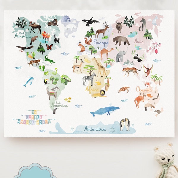 WORLD ANIMAL MAP - Animal map, Nursery art, Animal poster, Australian animal, kids art, kids illustration, mappe monde, Personalized gift