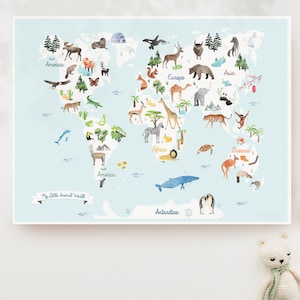 WORLD ANIMAL MAP - Ozean, Kinderzimmer, Tierplakat, australisches Tier, Kunst, Kinderillustration, Weltkarte, Planisphäre, personalisiertes Geschenk