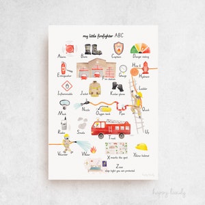 Alphabet de pompier - de A à Z, camion de pompier, oeuvre d'art pour chambre d'enfant, cadeau personnalisé, décoration murale garçon, camion, apprentissage Montessori, décoration de salle de classe