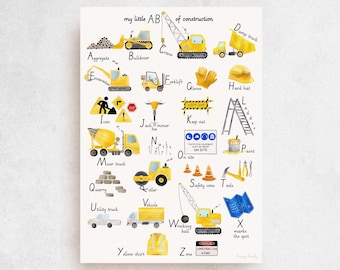 Construction Alphabet - A à Z, véhicules, camion, œuvre d’art de pépinière, excavatrice, bulldozer, outil de construction, cadeau personnalisé, décor mural garçon australie